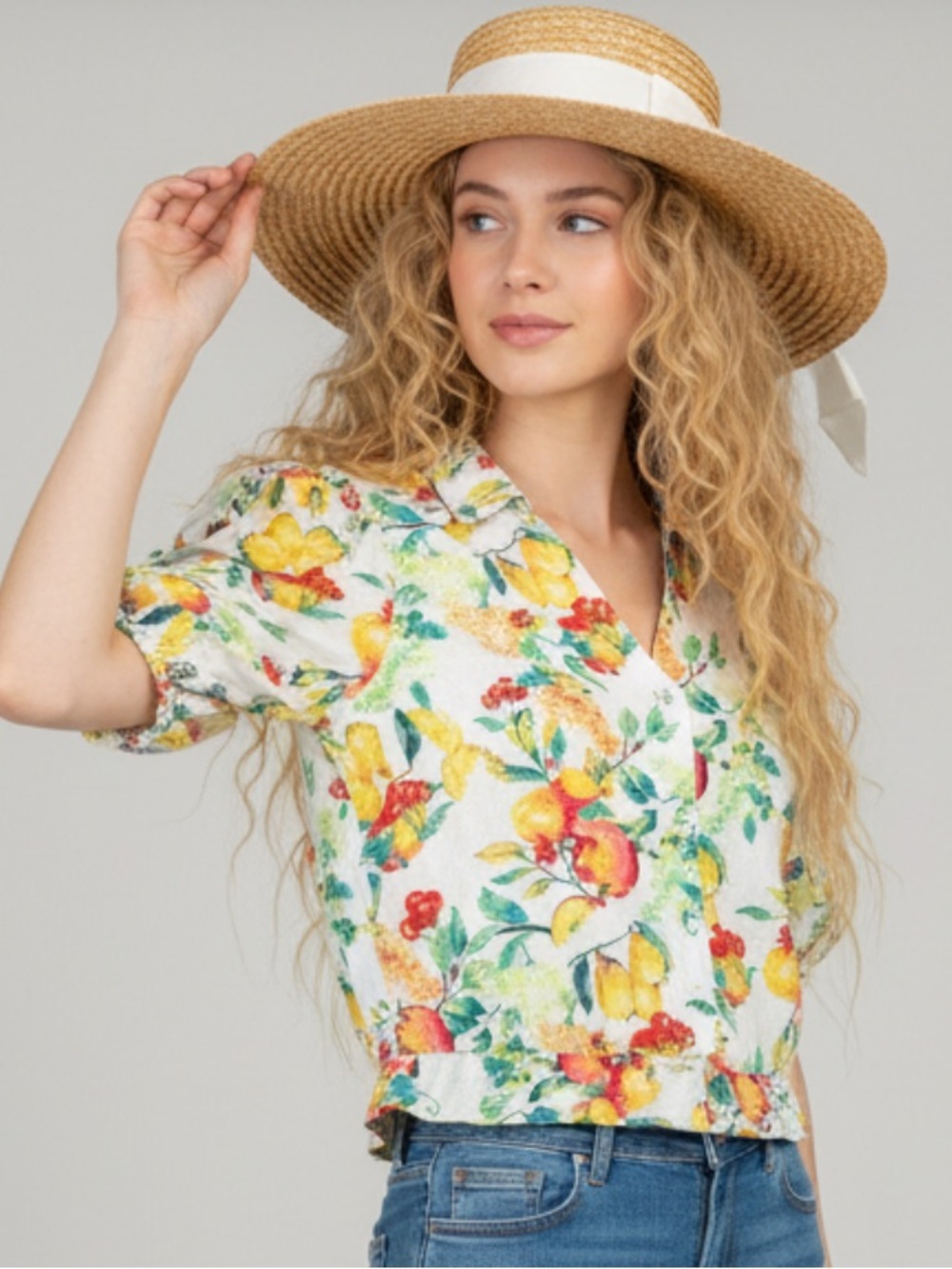 LC Lauren Conrad Fruit Print Puff Sleeve Crop Top